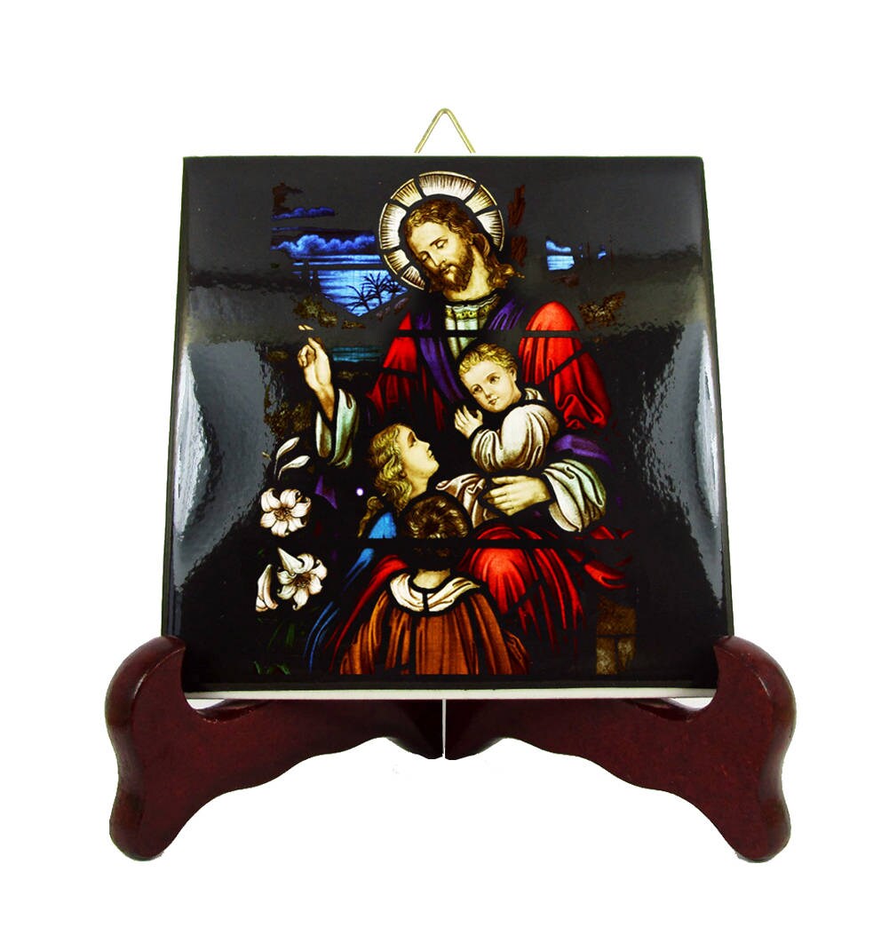 Christian Gifts - Jesus With Children Religious Icon On Tile Christ Gift Catholic Communion