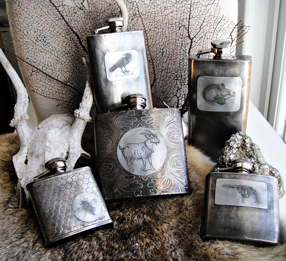 Batch No. 7 Assorted Flasks in Etched & Embossed Designs