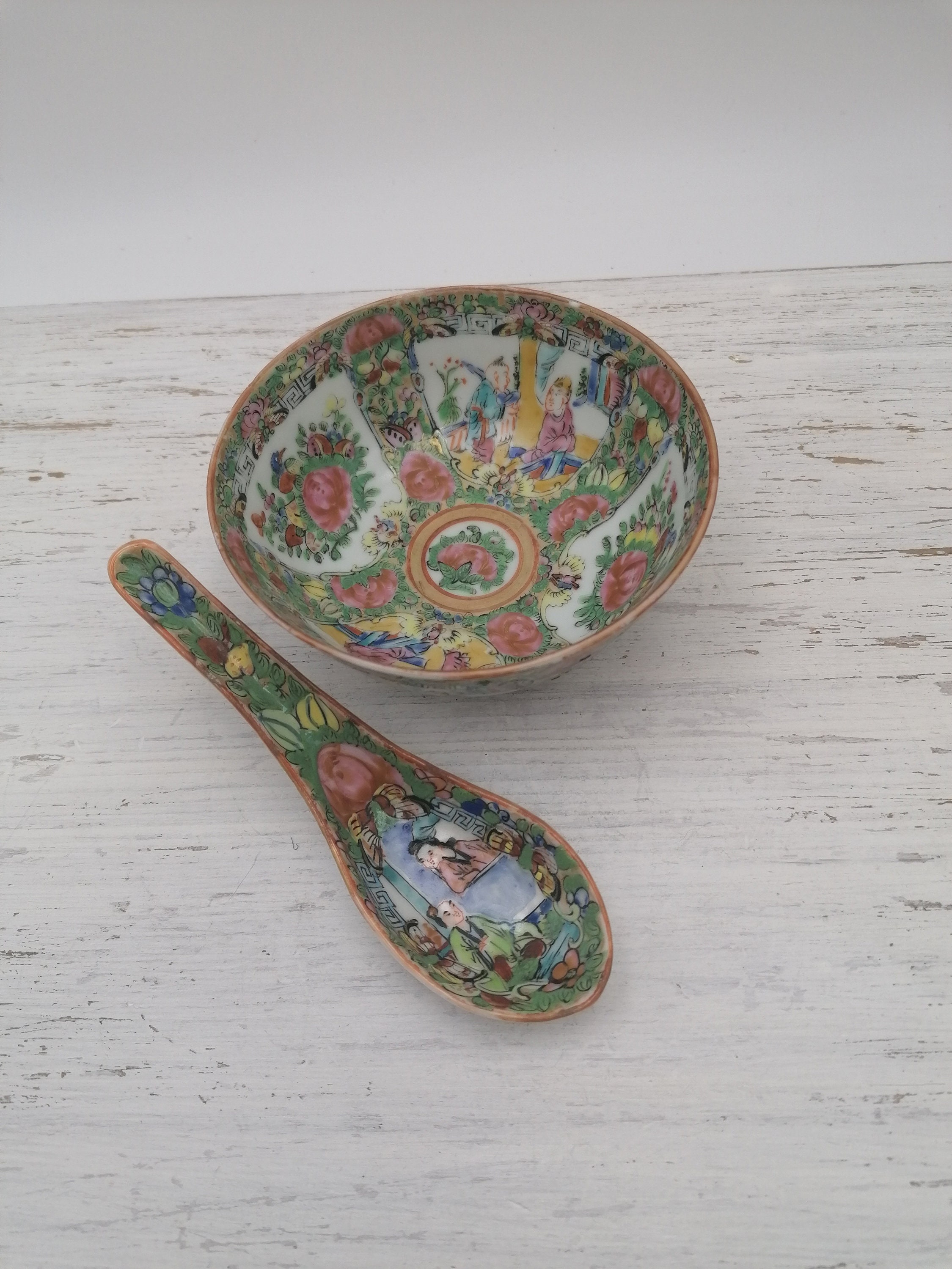 Set Of Chinese Soup Bowl & Spoon, Rose Medallion Spoon, Chinese Spoon, Oriental Set, Asian With Spoon