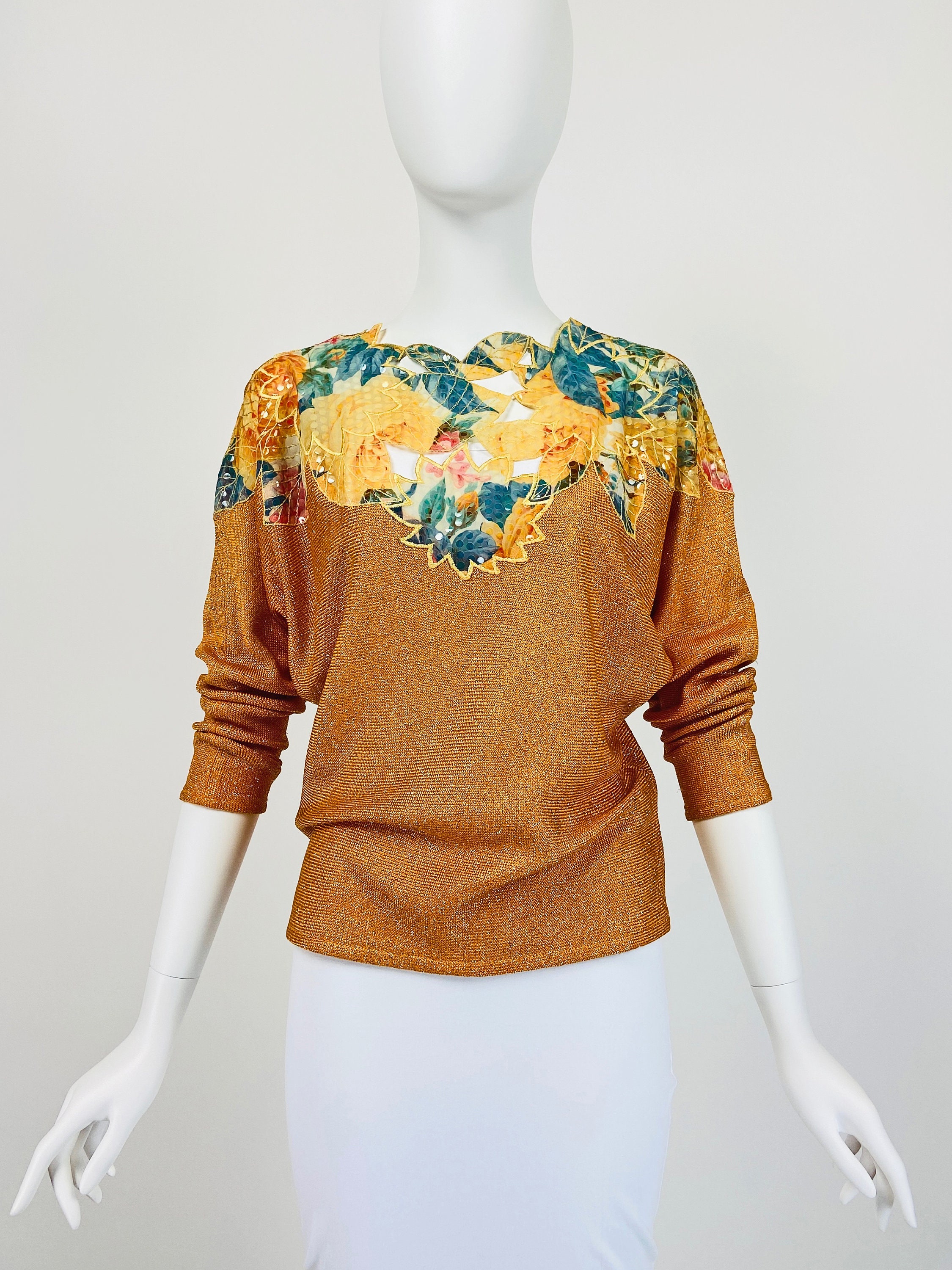 Vintage 80S Top, Sequin Dolman Sleeve Knit Floral Metallic Gold Laurence Corsin, Small Size 4 6 Us, 8 10 Uk W437