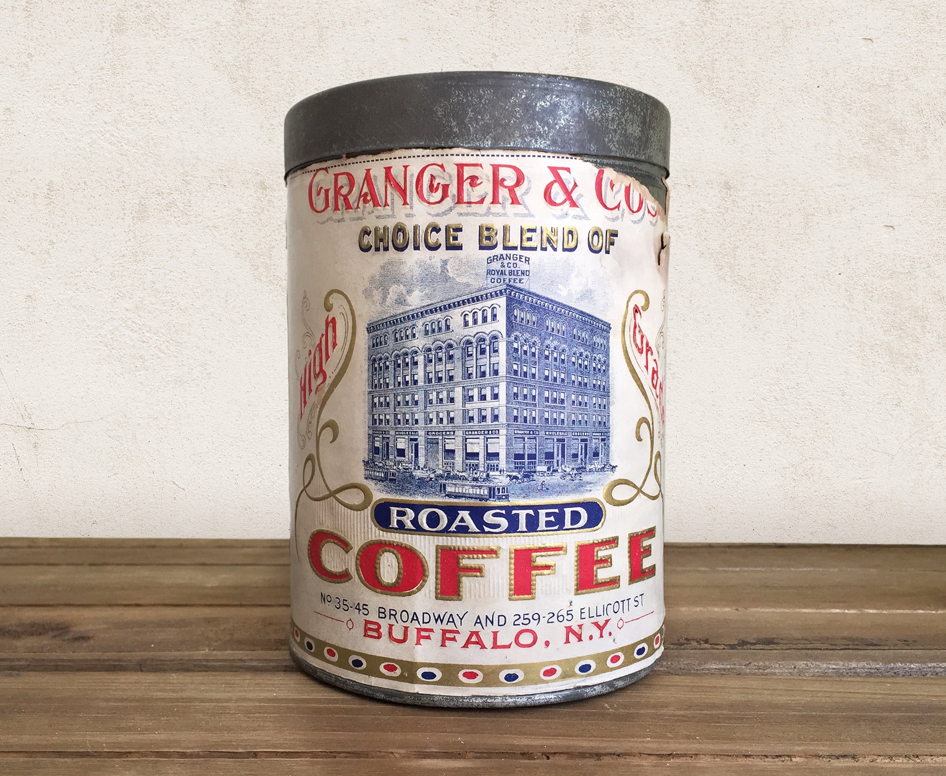 Vintage Coffee Tin, Royal Blend Granger Co, Tin With Paper Label, General Store Advertising Tins, Antique Food Can, Rustic Shelf Decor