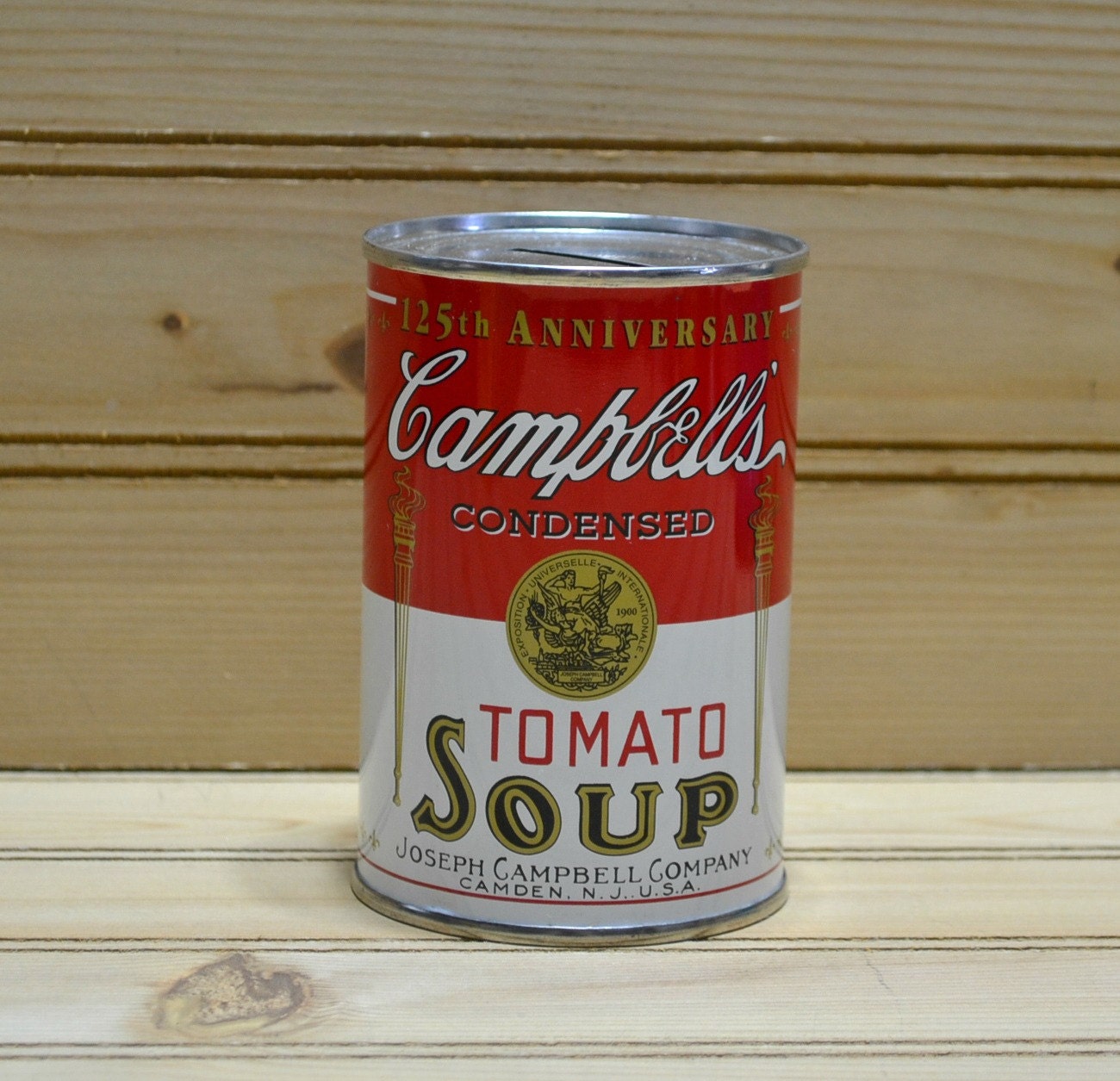 Vintage Campbell's Tomato Soup Tin Can Coin Bank Anniversary Advertising Advertisement Collectible
