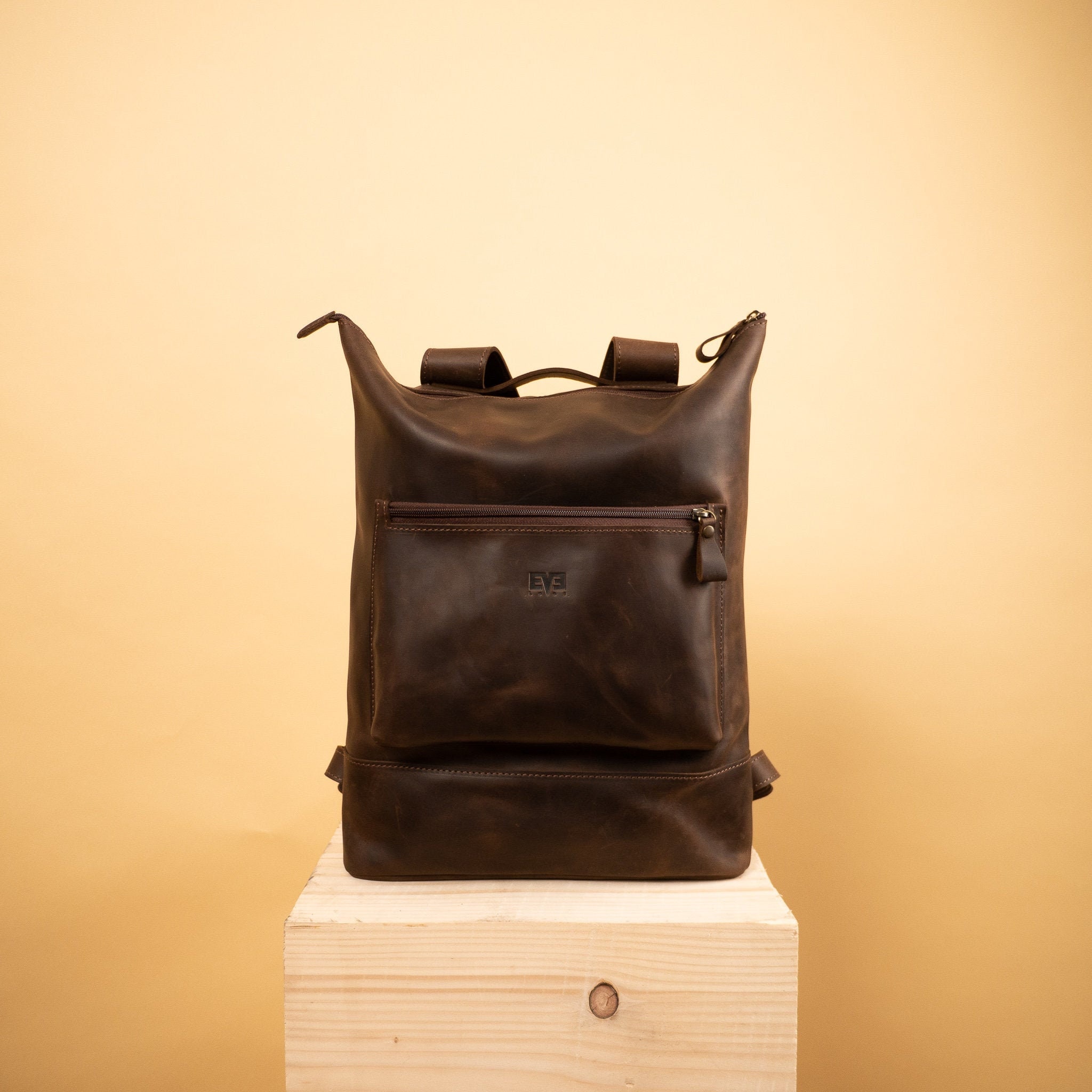 Brown Leather Backpack/Handcrafted Leather Rucksack With One Front Zipper Pocket Leather Bag