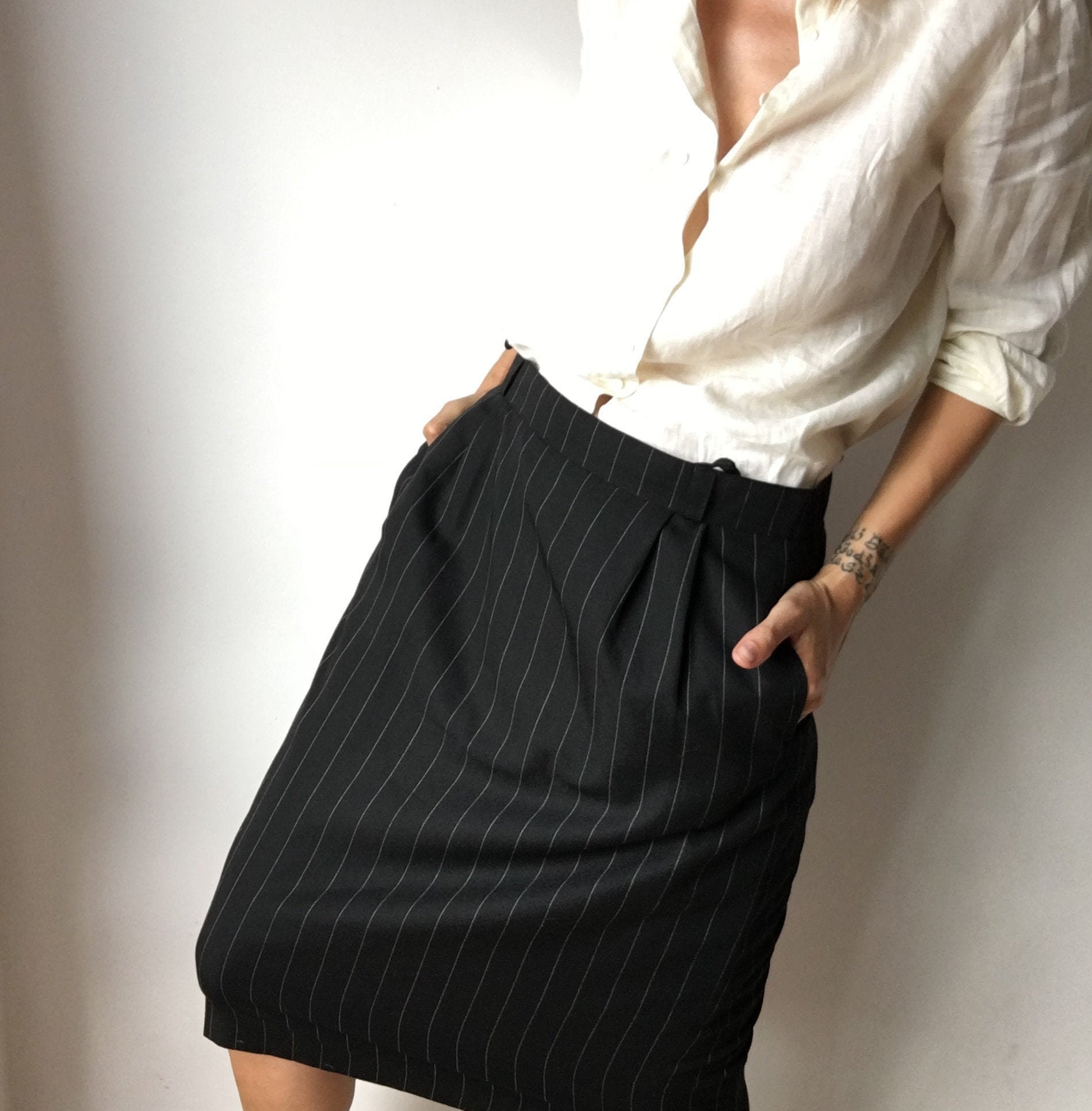 Vintage Pinstripe Wool Blend Pencil Black Skirt For Women