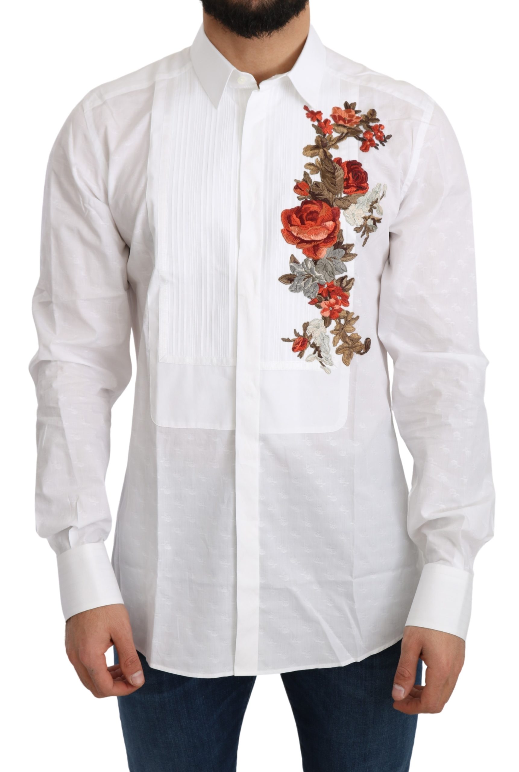 Dolce & Gabbana Men's Cotton GOLD Flowers Top Solid Shirt White TSH5217 - IT38 | XS