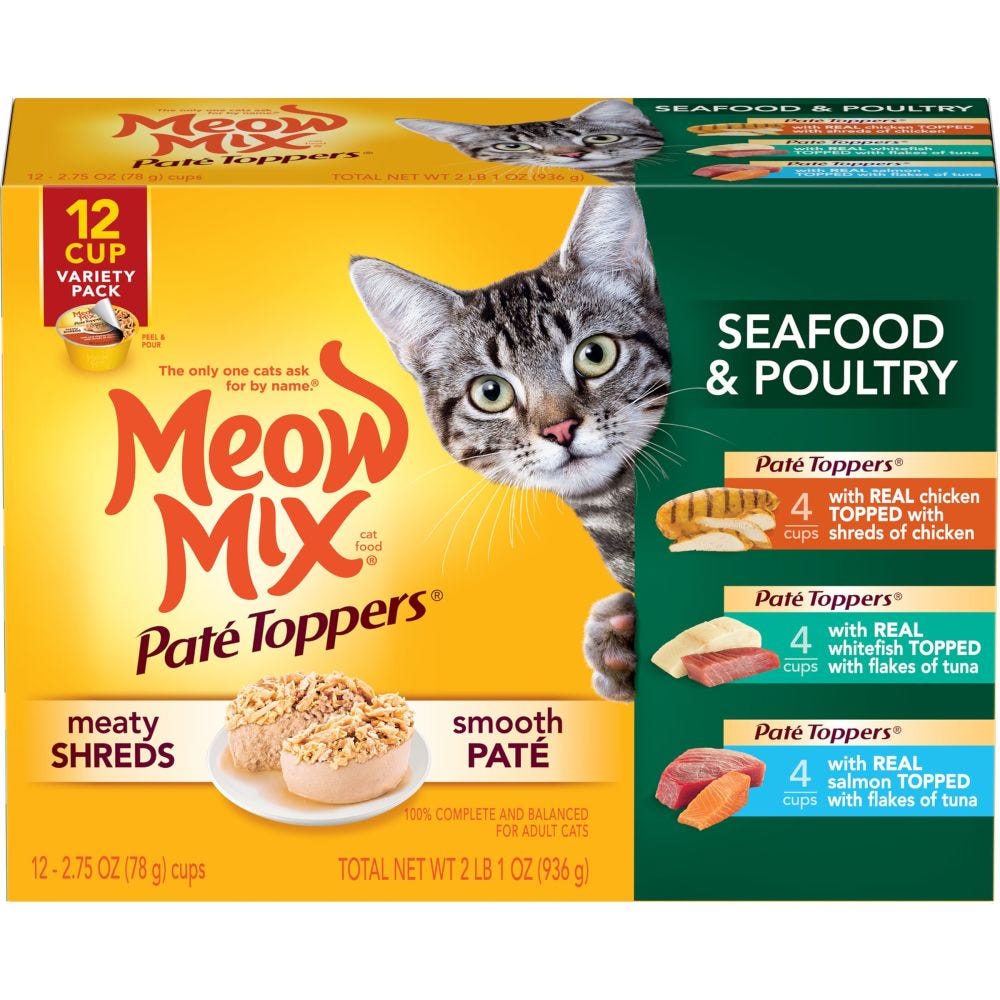 Meow Mix Meaty Pate Toppers Wet Cat Food, Seafood & Poultry Variety - 12 pk