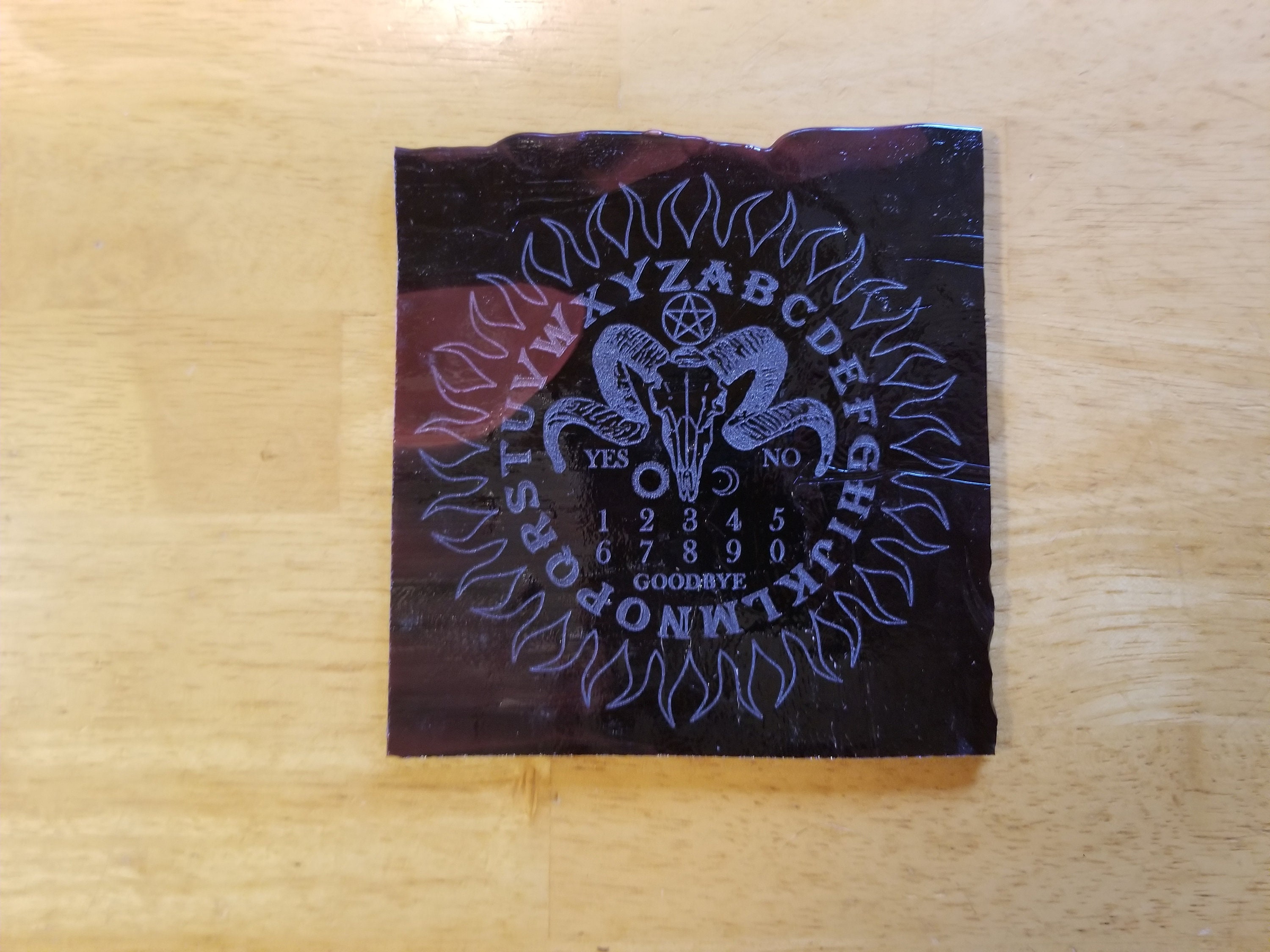 Ram's Skull Miniature Ouija Spirit Board Design Etched On Youghiogheny Stained Glass