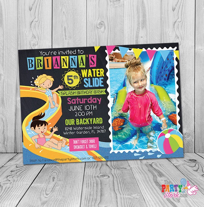Waterslide Birthday Invitation, Printable Party Invitation Girl, Water Slide Invite, Pool