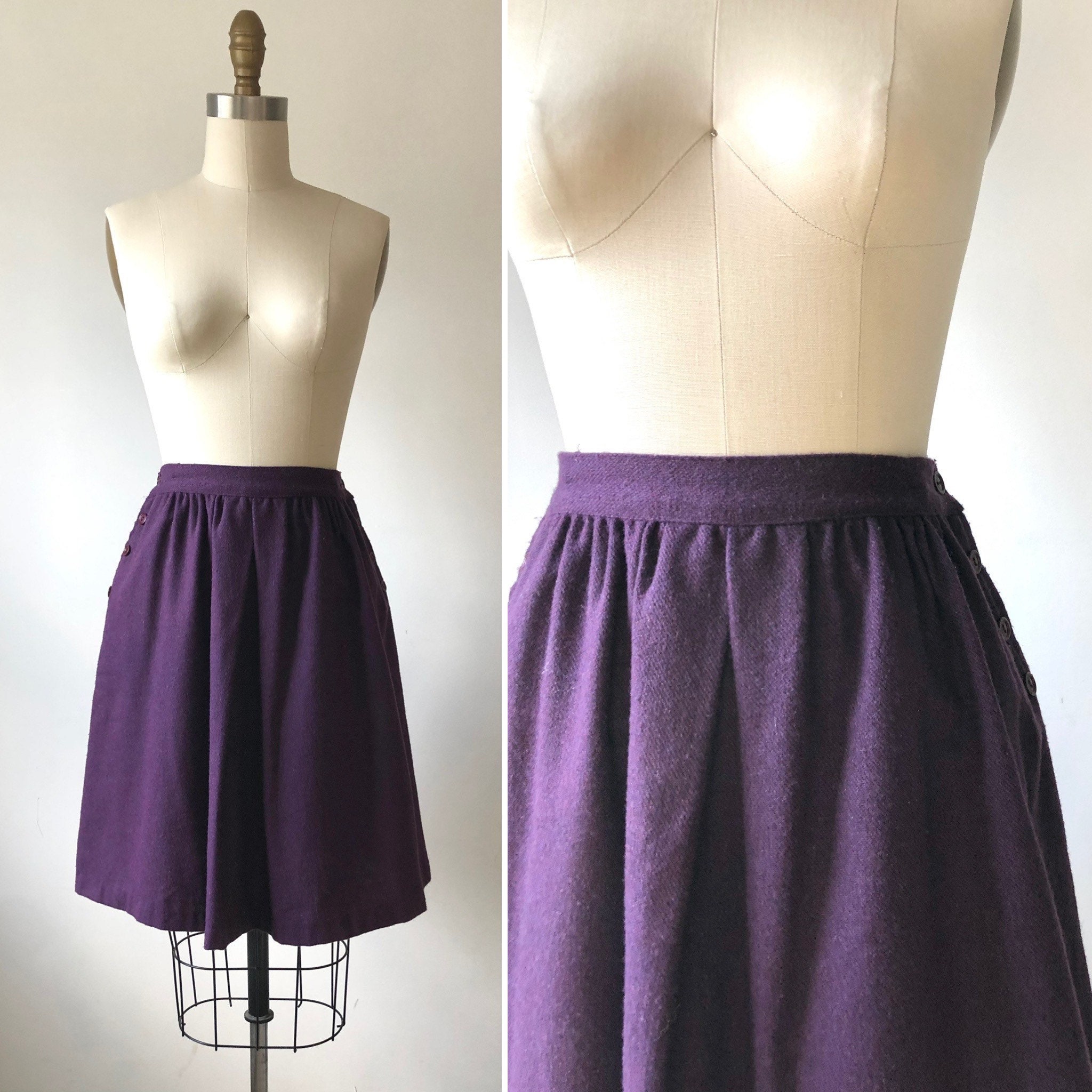 70S Purple Wool Blend Skirt With Pockets S ~ Button Detail~ Vintage Flared Above The Knee