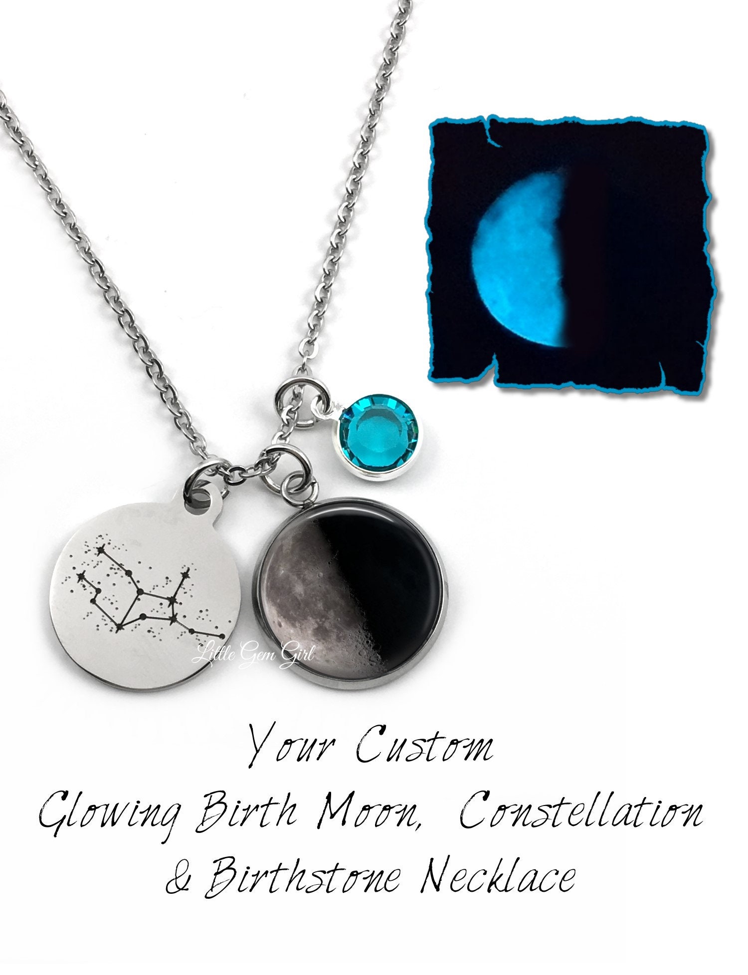 Stainless Steel Custom Glowing Birth Moon, Birthstone & Zodiac Sign Necklace - Engraved Constellation Personalized Moon Phase