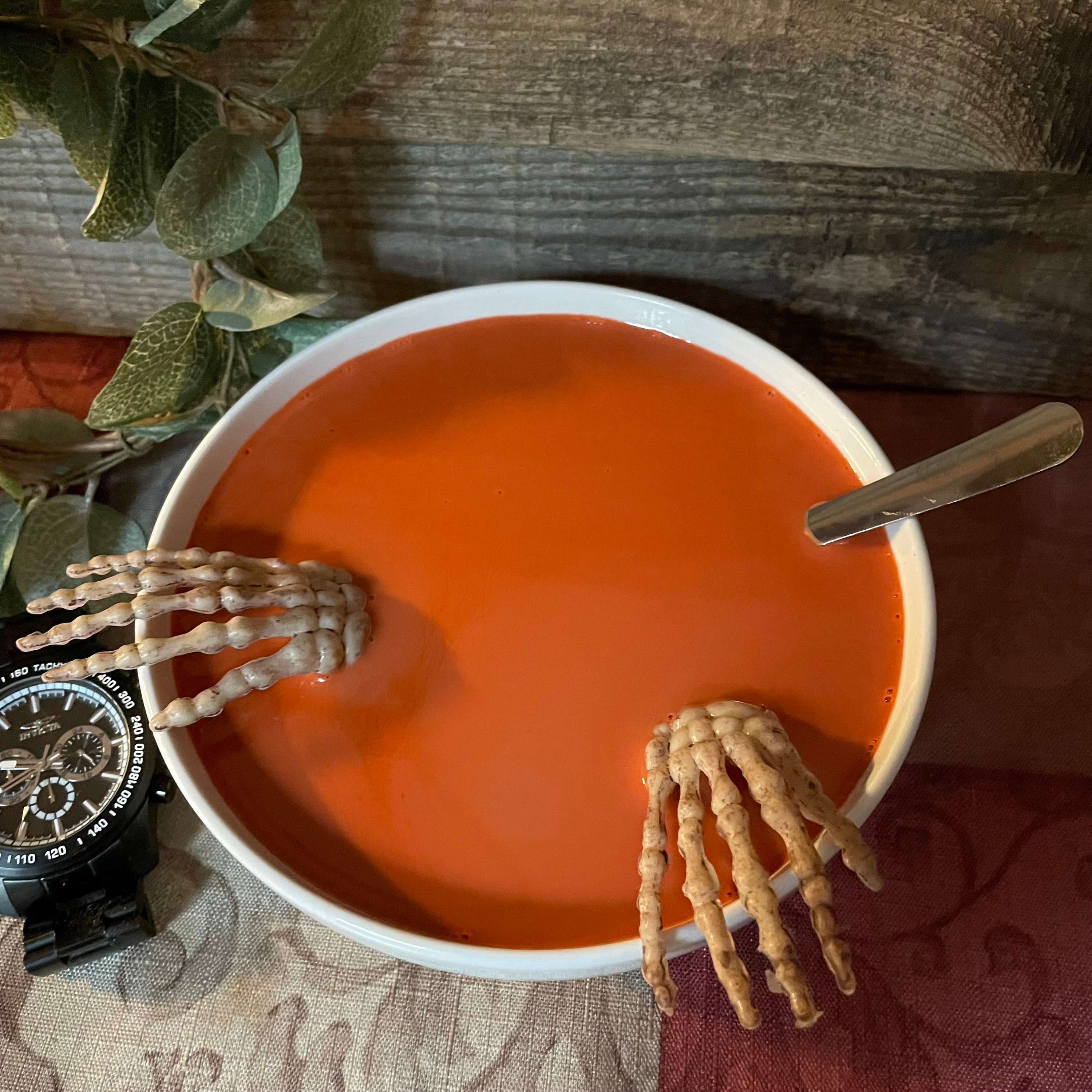 Bowl Of Tomato Soup With Creepy Skeleton Hands Fake Food Halloween Photo Staging Prop