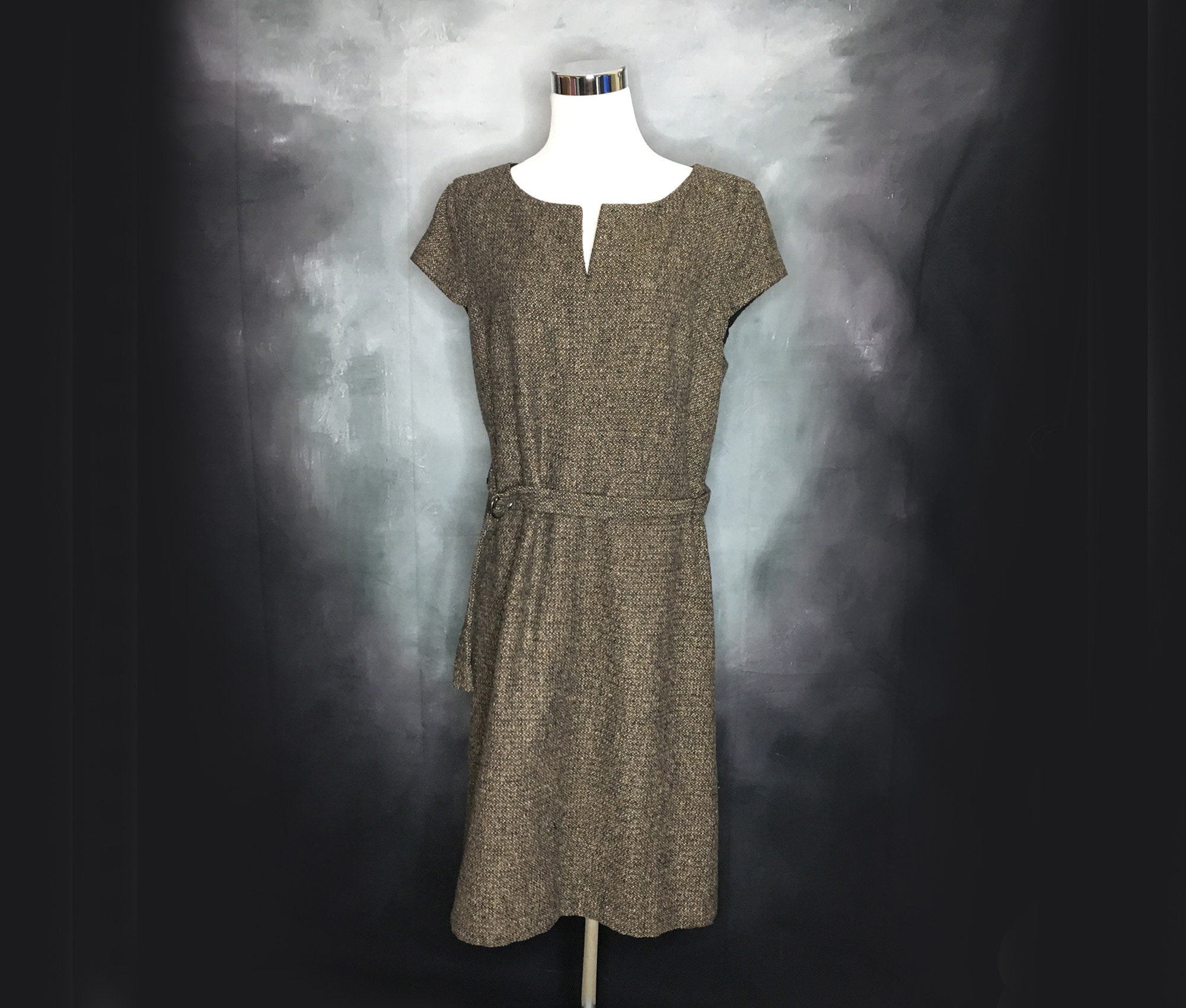 Vintage Talbot's Wool Blend Dress, Brown Tweed, Cap Sleeves, Notched Neckline, Belted, 80's, Large