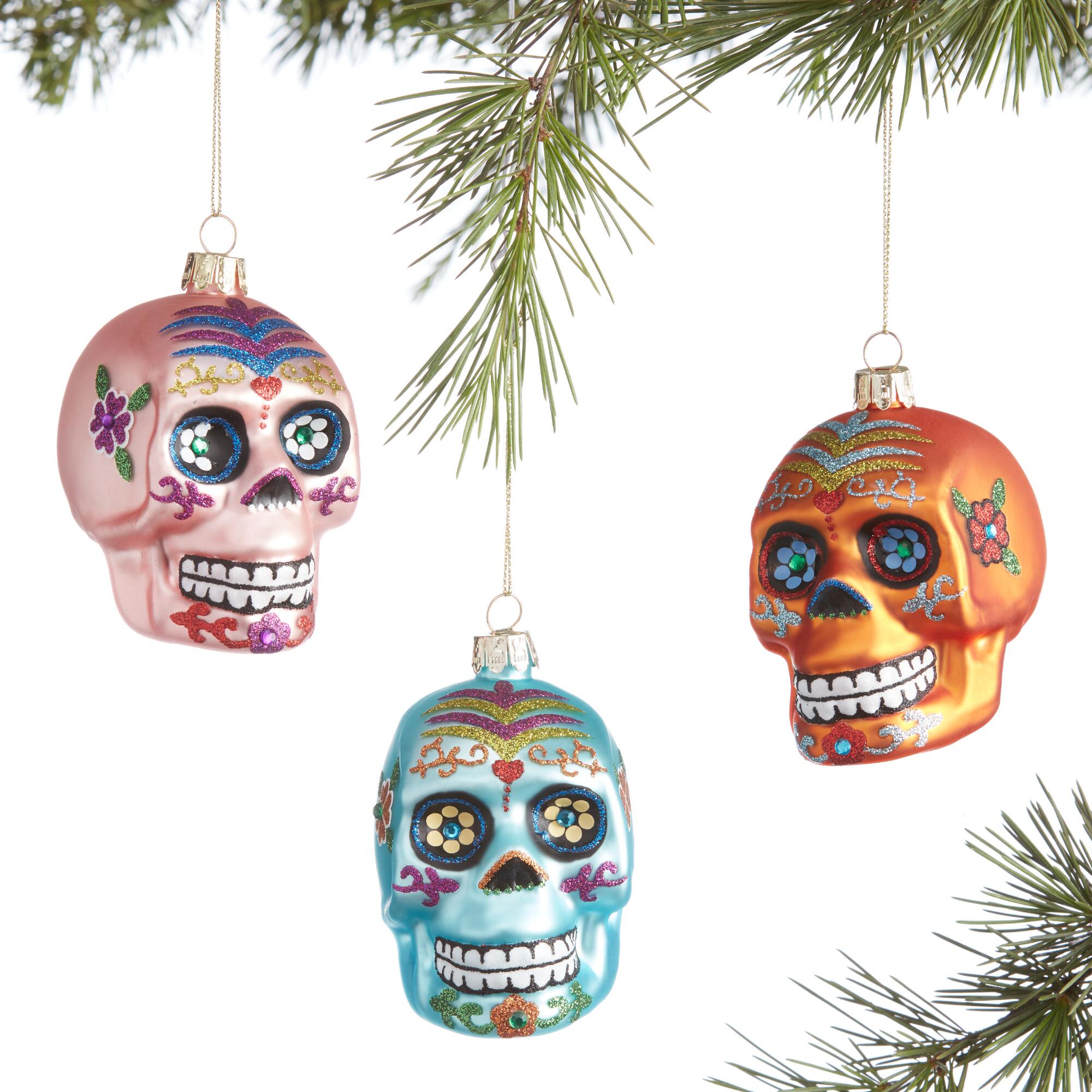 Glass Day of the Dead Skull Ornaments Set of 3 by World Market