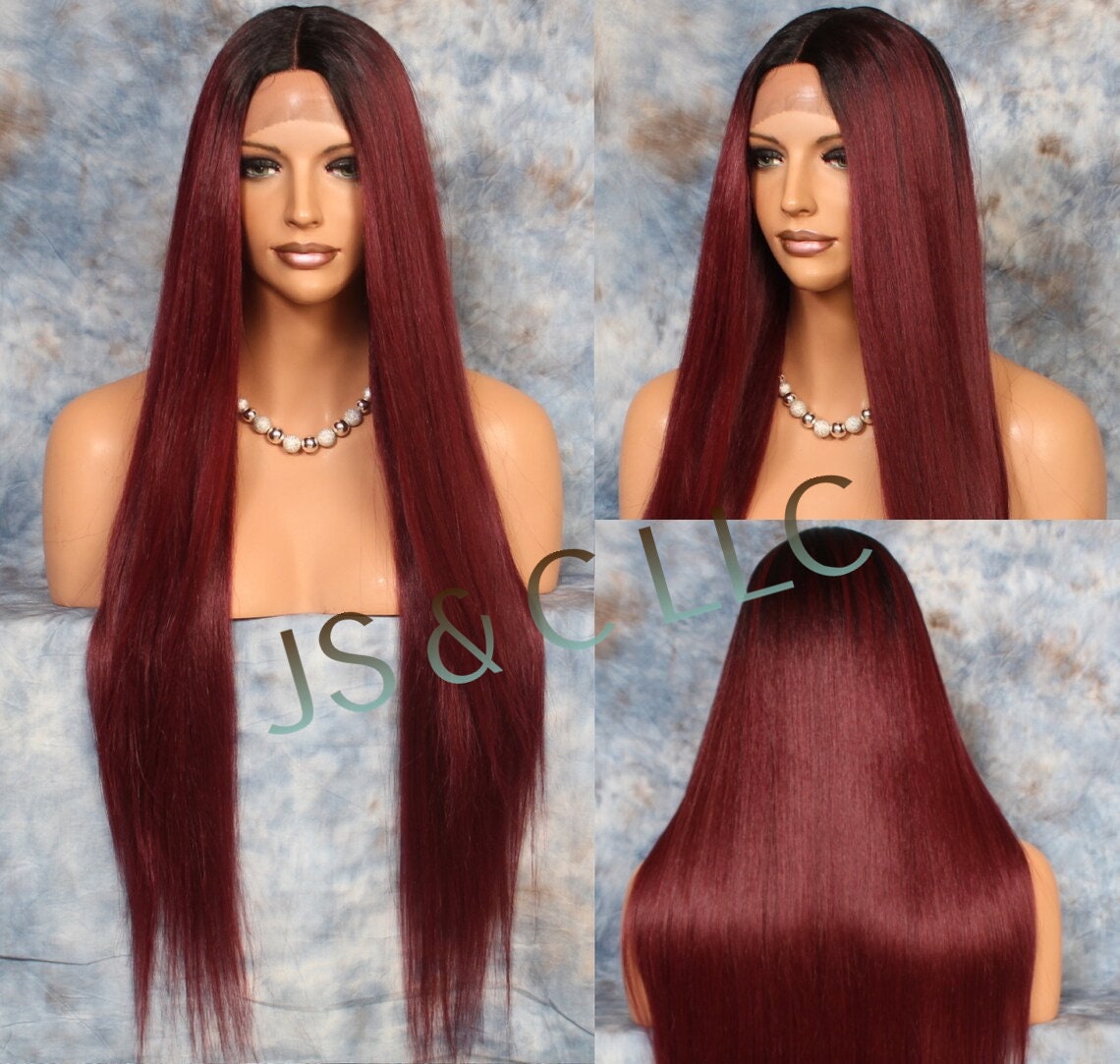 45 Human Hair Blend Lace Front Wig Hand Tied Center Part Straight Heat Safe Solid Burgundy Mix Cancer/Alopecia/Cosplay/Emo/Theater