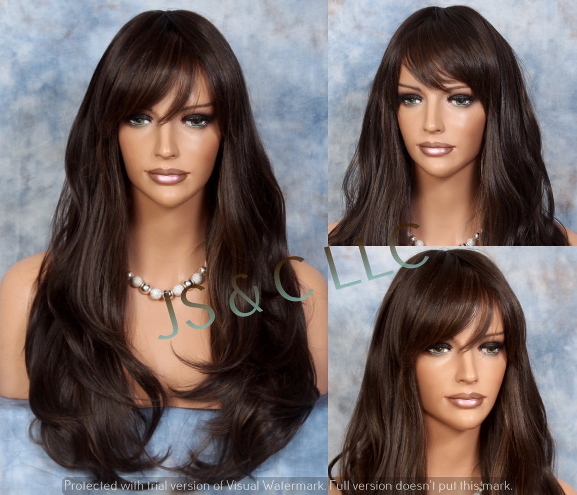 Brown Mix Human Hair Blend Wig Heat Safe Full Bangs Long & Wavy Cancer Alopecia Theather Cosplay