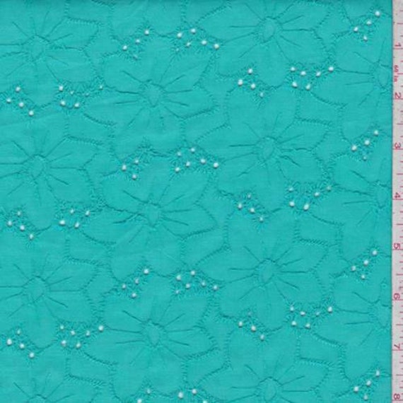 Aquamarine Linen Blend Embroidered Floral Eyelet, Fabric By The Yard