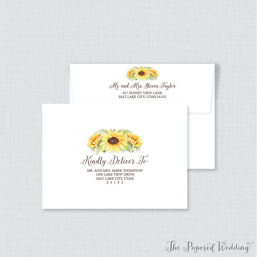 Sunflower Wedding Envelopes - Printed With Rustic Yellow Sunflowers Brown White Custom 0019-A