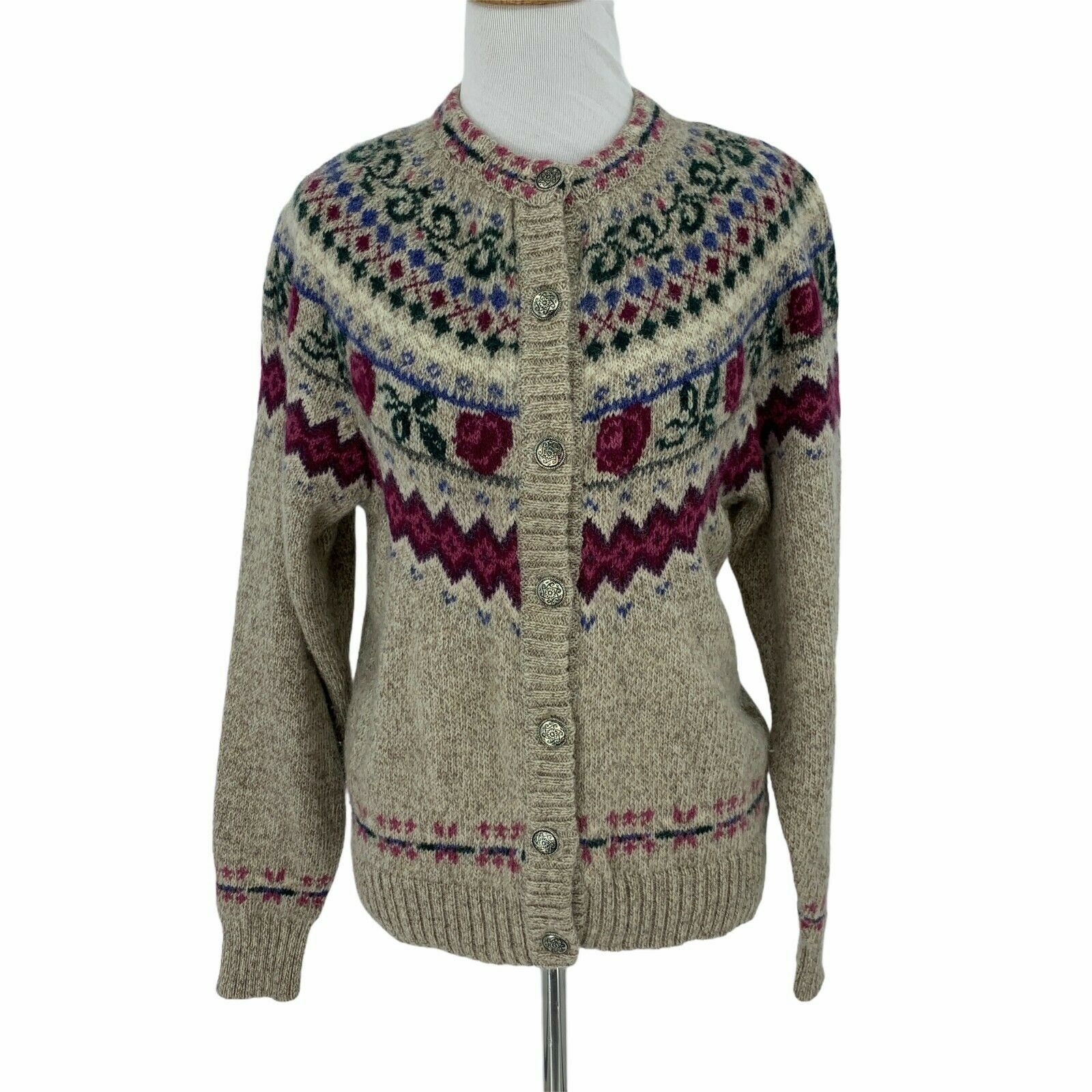 Vintage Eddie Bauer Wool Blend Fair Isle Sweater Size M Silver Buttons Rib Trim