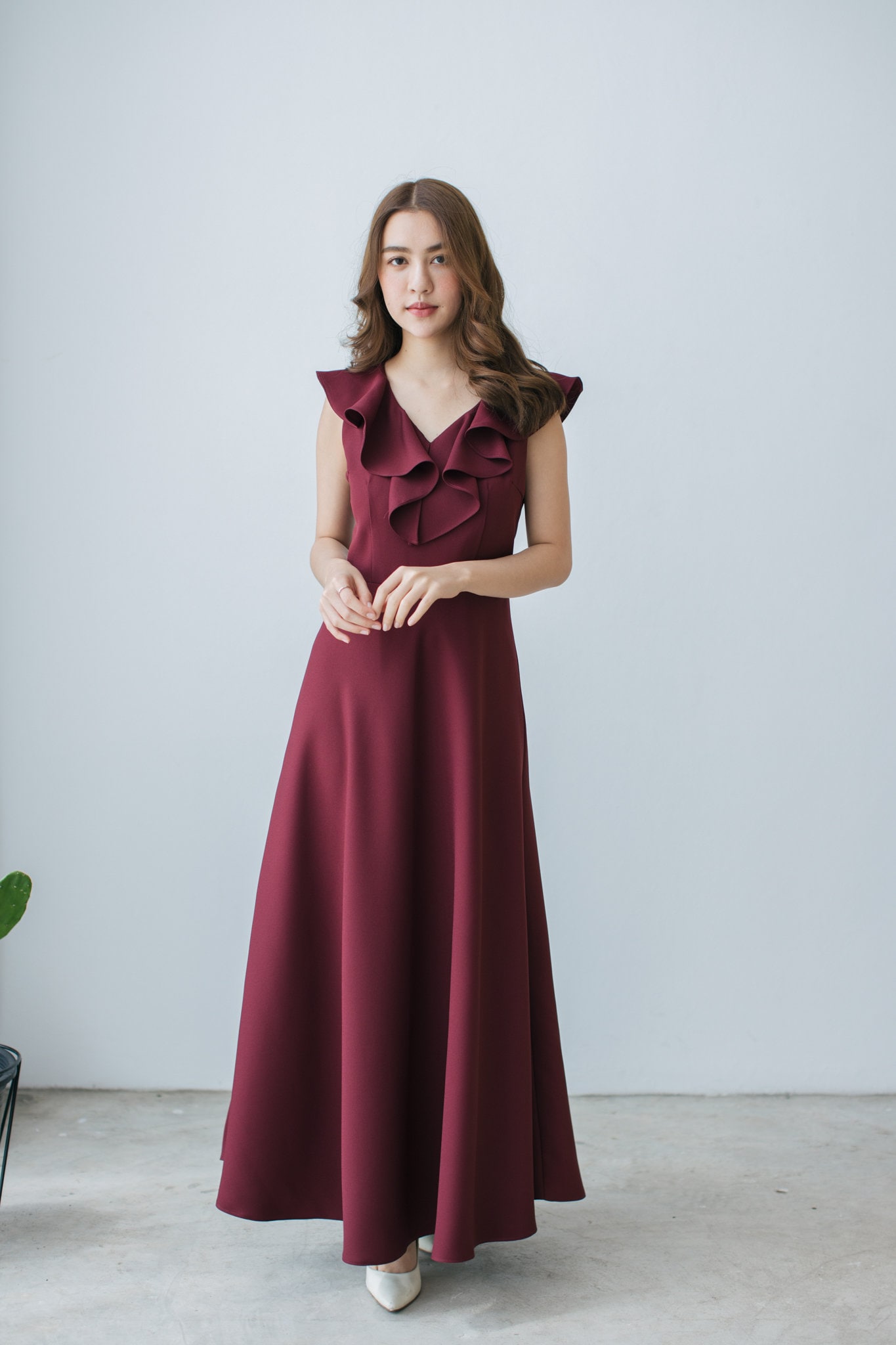 Maxi Dress 2019 Prom Burgundy Maroon Elegant Wine Long Bridesmaid V Neck Ruffle Graduation Dress - Blake