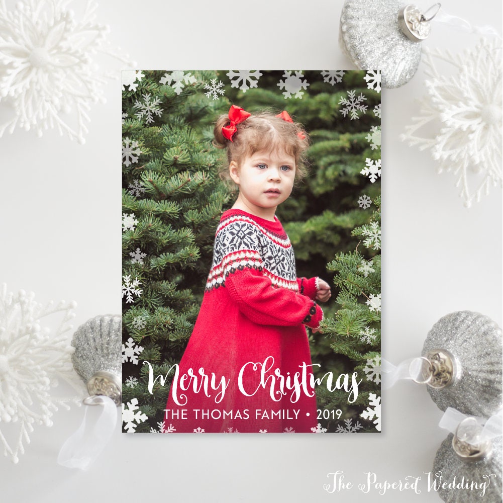 Printable Or Printed Snowflake Photo Christmas Cards - White Merry Holiday Portrait Picture 013 P1
