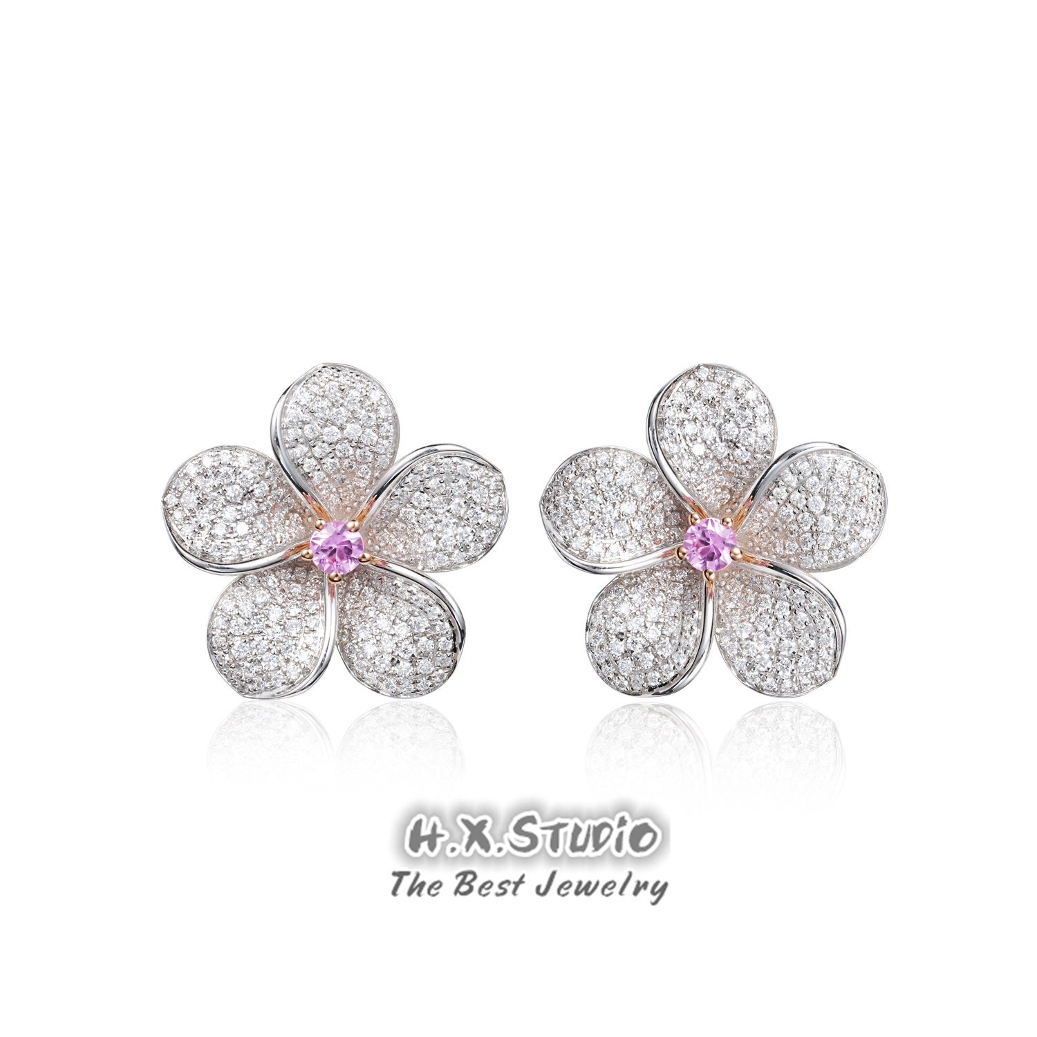 Diamond & Pink Sapphire Flower Plumeria Stud Earrings in Solid 18K Gold/Custom Jewelry/Personalization Design/Gift For Women Girls
