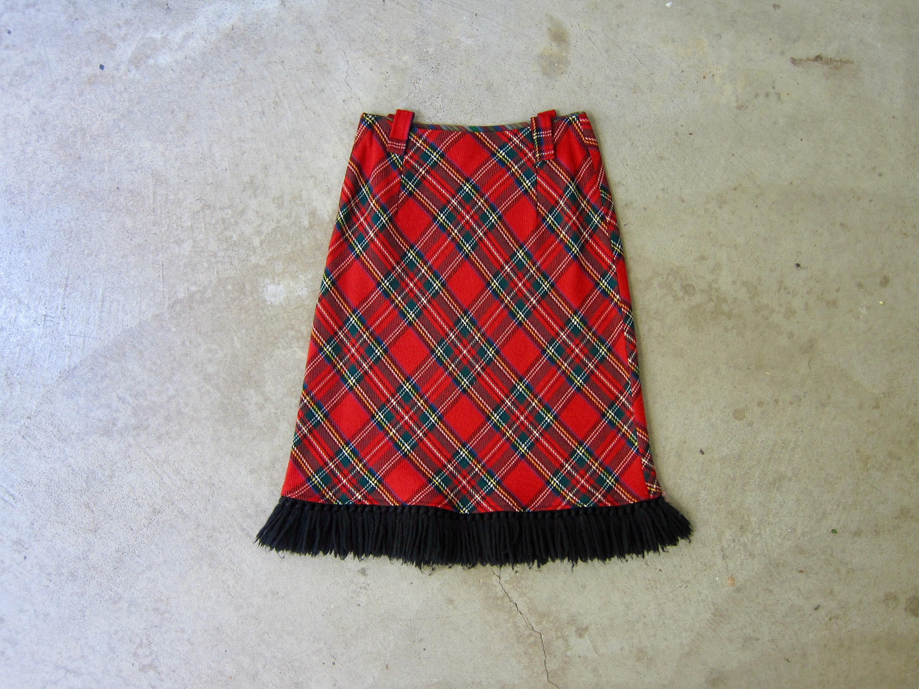 60S Tartan Mini Skirt | Vintage Wool Blend Fringe High Waist School Girl Pencil