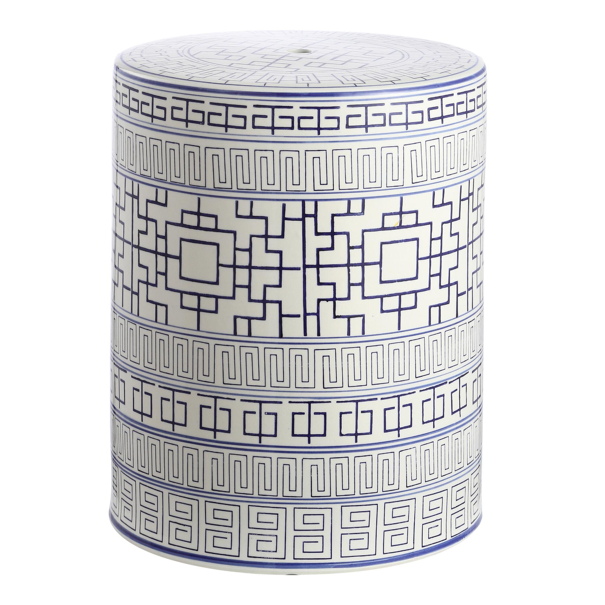 Navy and White Ceramic Shantou Outdoor Patio Accent Stool: Blue/White by World Market