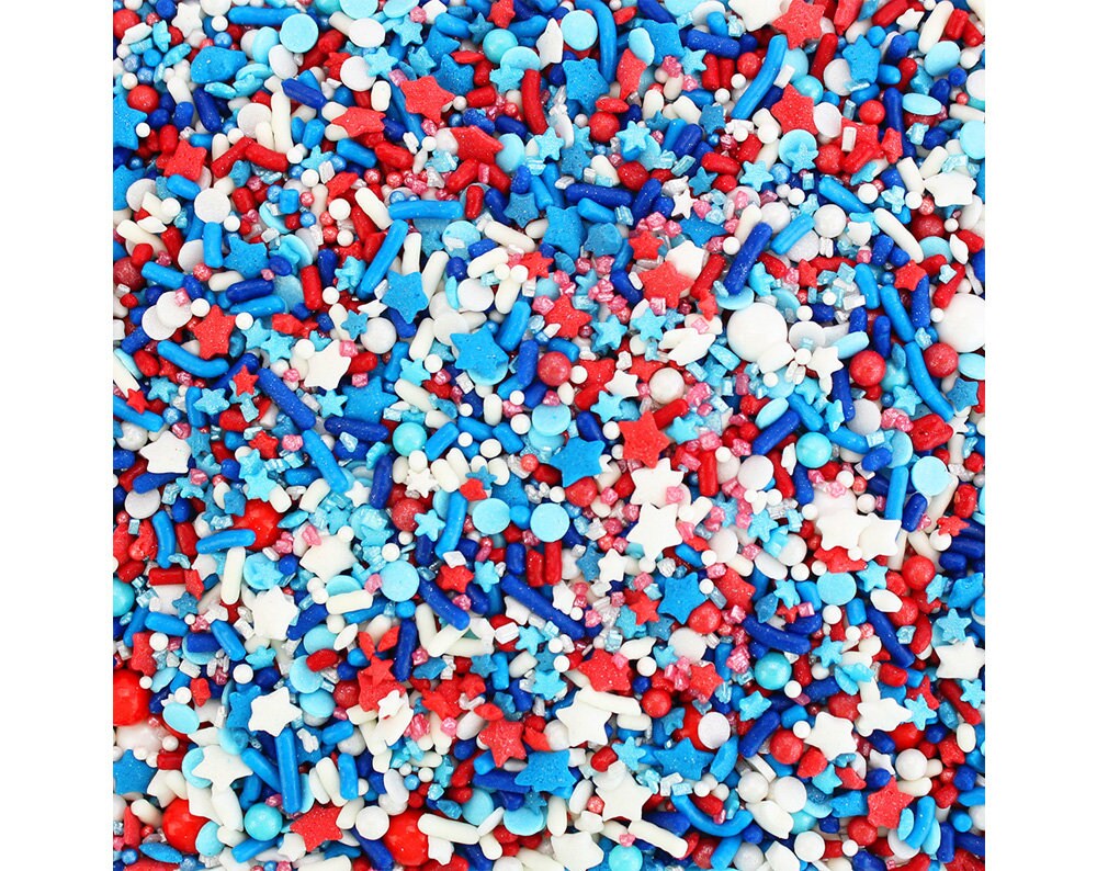 Patriotic Sprinkle Blend - Vibrant Blend Of Jimmies, Non-Pareils, Dots, Candy Beads & Stars in Reds, Blues White