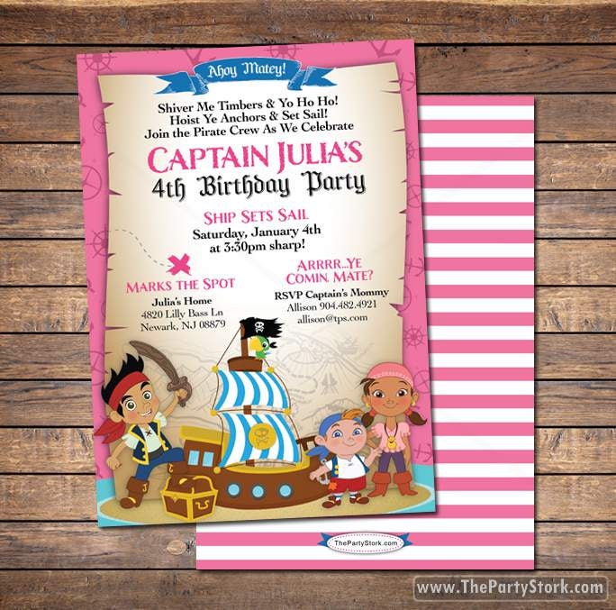Jake & The Neverland Pirates Invitations Printable Girls Pirate Birthday Party Invitation, Free Back. ~Click To See Printables Too~