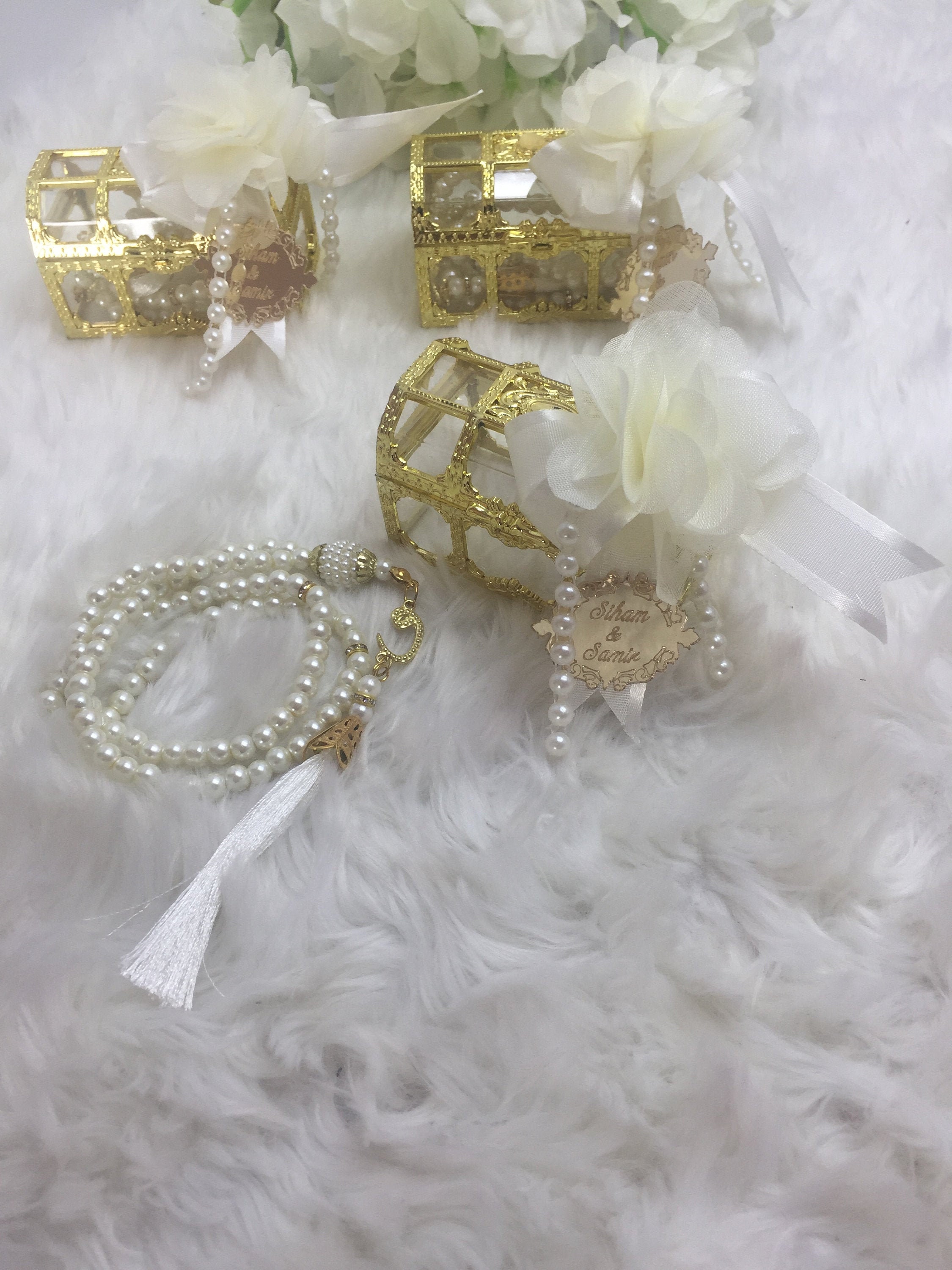 Ramadan Mubarak, Eid Gift, Muslim Wedding, Gold Pearl Beads, Tasbeeh & Boxes, Wedding Gifts, Engagement Favors, Ameen Favors