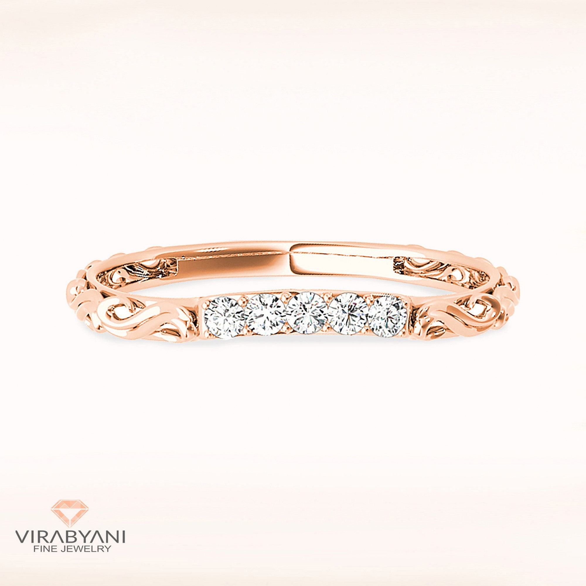 Diamond Wedding Band - 14K/18K Solid Rose Gold | Curved Open Filigree Design Anniversary Ring Modern