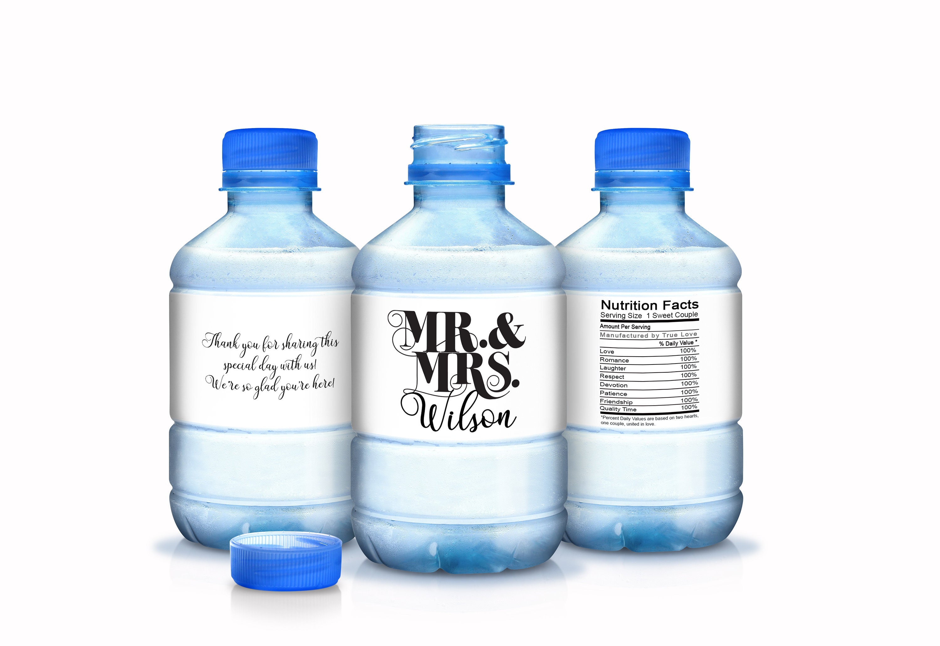 30 Personalized Mr & Mrs Waterproof Wedding Water Bottle Labels - Wraps Color Coordinated