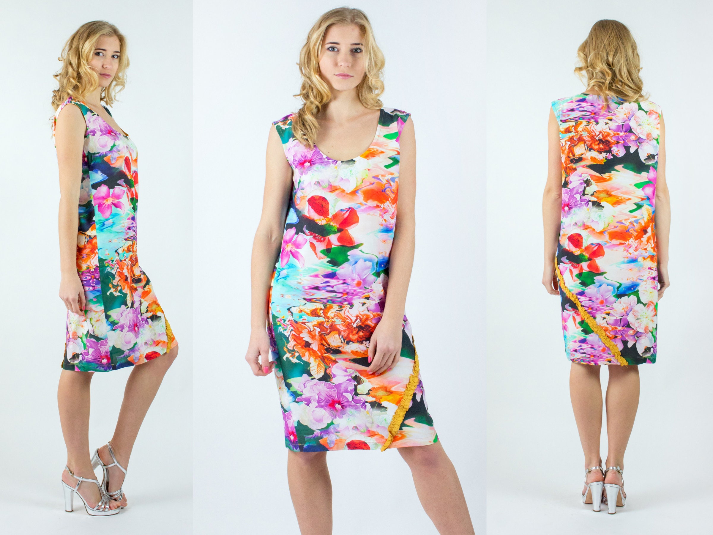 Floral Midi Dress, Hawaii Women Sun Plus Size Clothing, Sleeveless Flowers Dress For