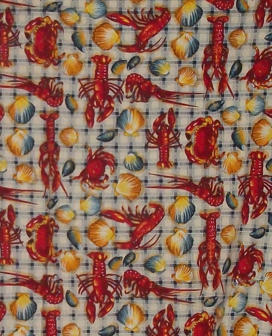 Seafood Red Lobsters Crabs Scallops Clams On Navy Cream Plaid Hoffman Fabric Washed Htf By The The Half Yard Please Read Listing