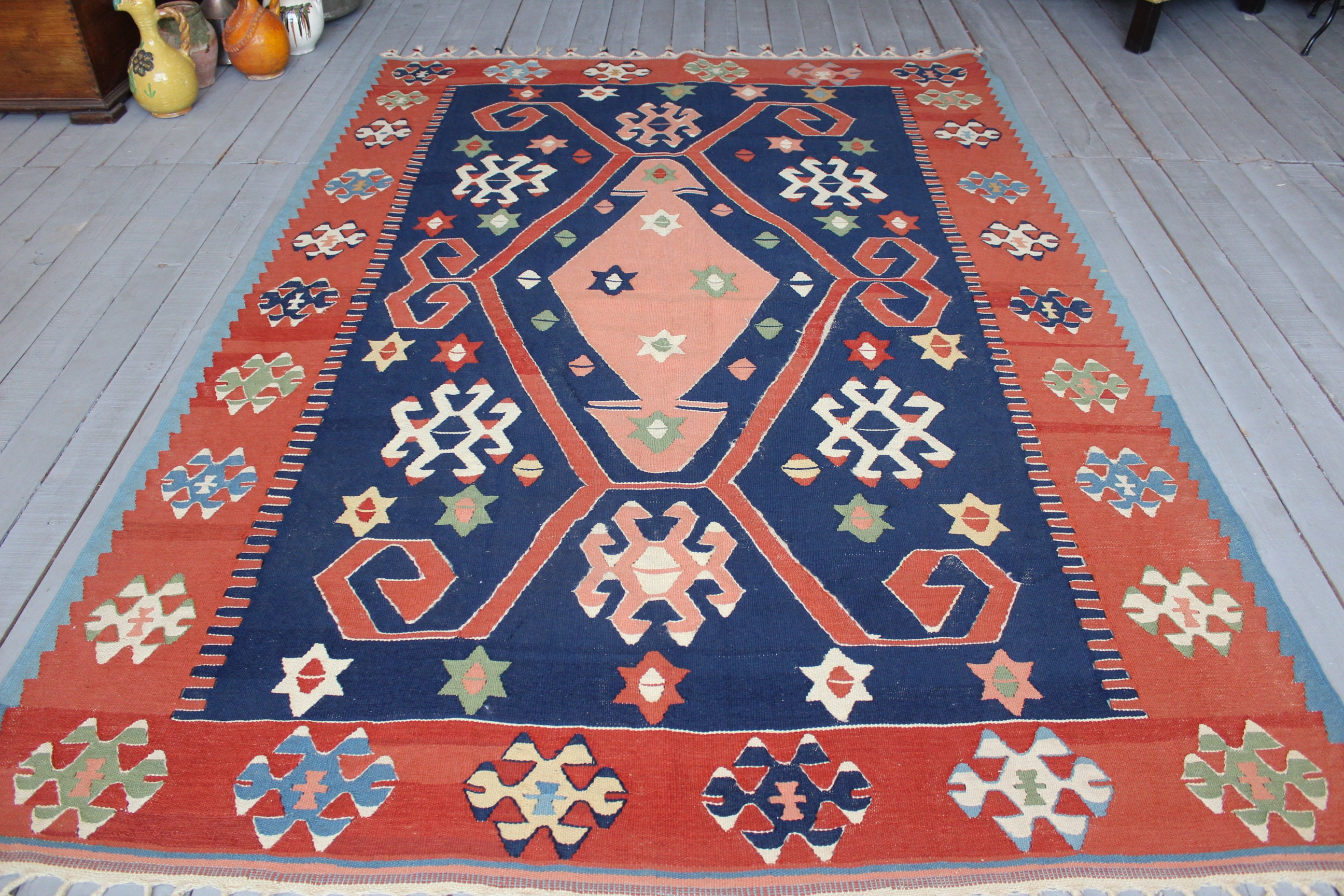 5'4x 7'7 Feet Vintage Turkish Hand Woven Area Kilim Rug, Ethnic Blue Kilim, Geometric Design Wool Rug Free Shipping"
