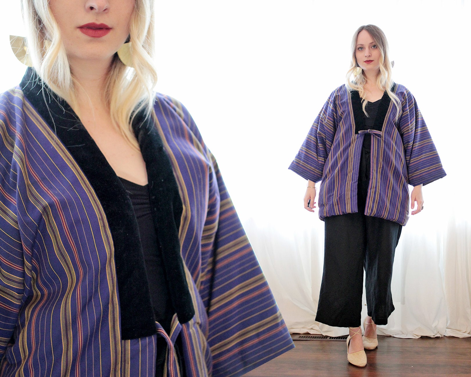 Vintage Cotton Blend Japanese Thick Cropped Kimono Quilted Warm Jacket Coat Robe Ethnic Boho Style Purple Black Red