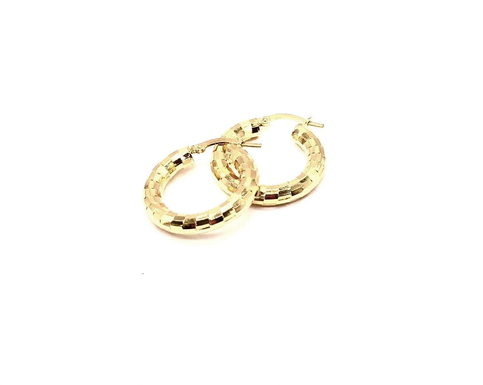 18K Yellow Gold Shiny Hoop Earrings Real 18K Sparkling Hoops Italian Design Diamond Cut Gift For Her Made in Italy