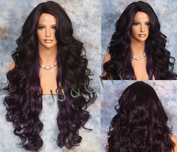 38 Human Hair Blend Purple Black Hand Tied Full Lace Front Wig Curly Side Part Heat Ok Cancer/Alopeica/Cosplay
