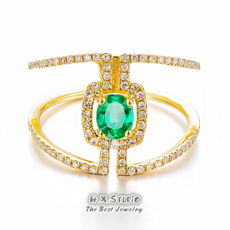Diamond Green Emerald Ring in Solid 18K Gold/Unique Statement Ring/Custom Fine Jewelry/Personalization Design/Gift For Women & Girls