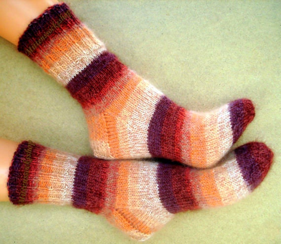 Beige Brown Wool Socks Hand Knitted From Sock Yarn With Kid Mohair Winter Very Warm Sleeping Women's Girl's