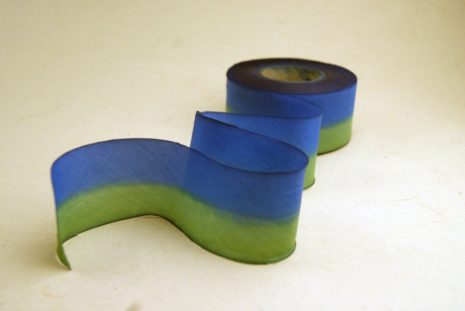 Hand Dyed Silk Ribbon 2.5 62mm Blend 005 Green Blue - 3 Yard Bias Cut Length