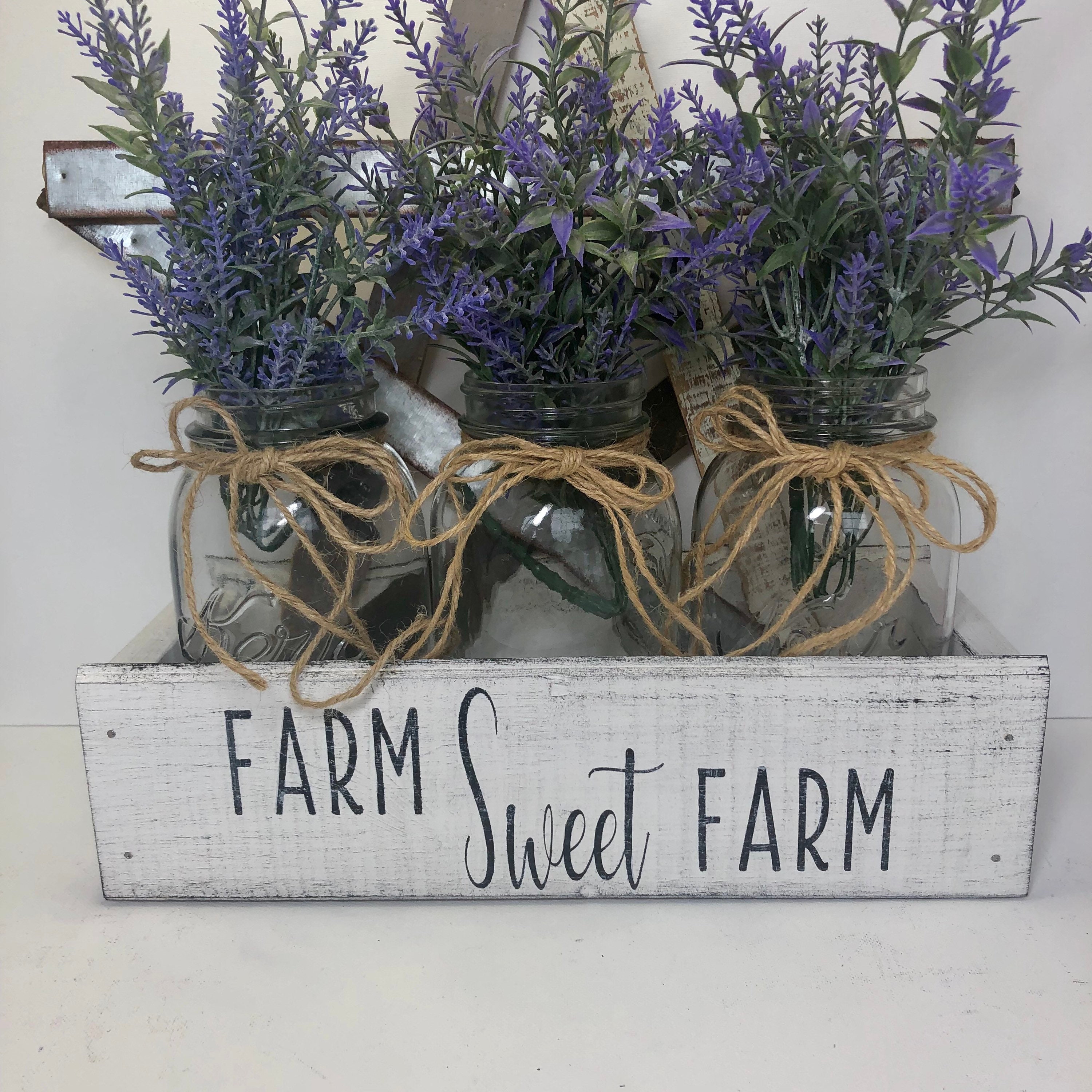 Farm Sweet Farm, Utensil Caddy, Planter Flower Box, Kitchen Storage, Farmhouse Porch Decor, Wood Mason Jar Crate