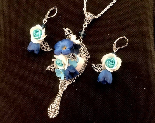 Mirror Pendant With Blue Cold Porcelain Flowers, Matching Soundtrack