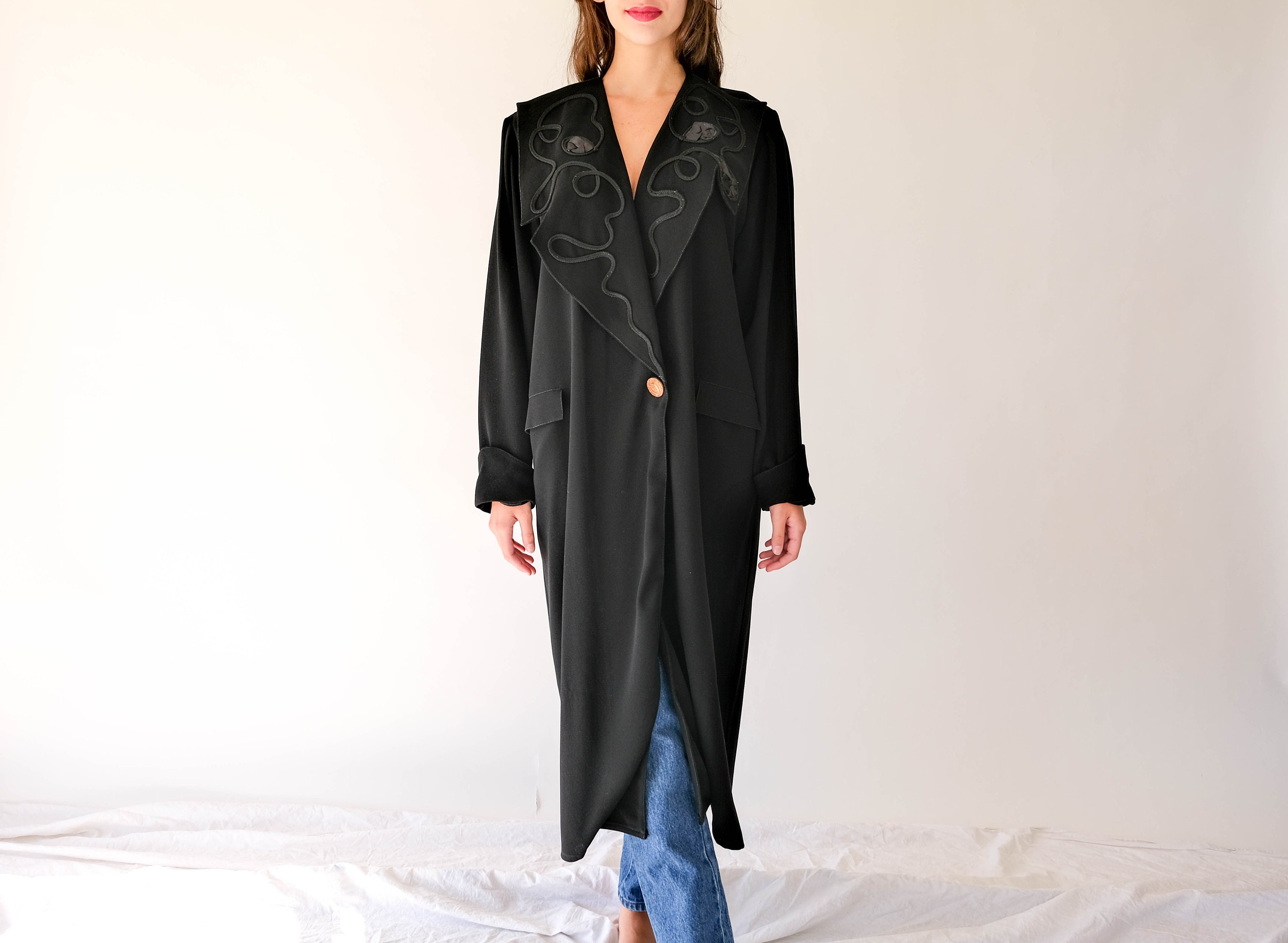 Vintage 80S Hobby Black Rayon Blend Crepe Duster with Large Braided Satin Floral Trim Lapels | Made in Italy 1980S Designer Boho Swing Coat