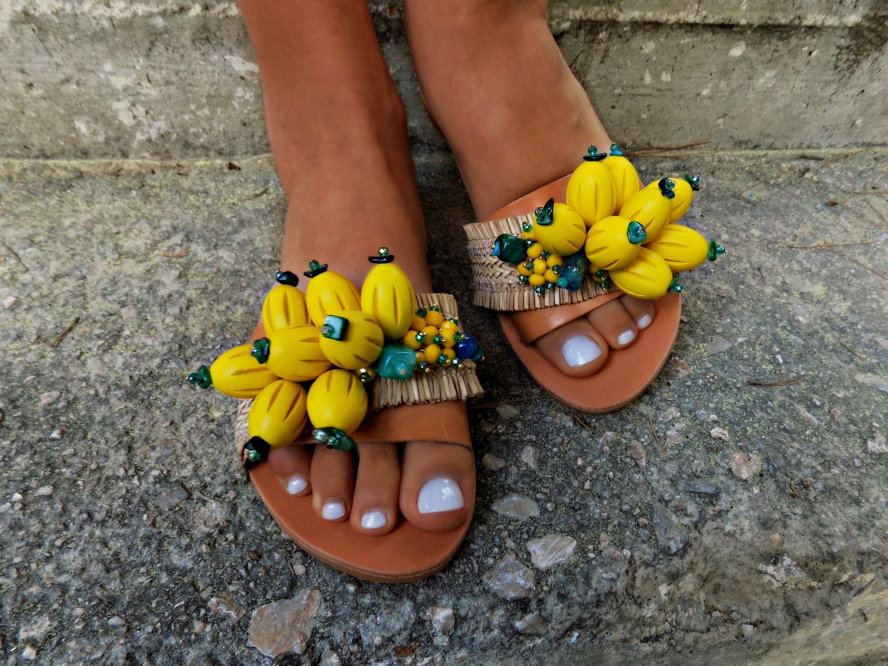 Bead Sandals, Embellished Summer Shoes, Beach Vacation Greek Mellow Pineapple Made To Order"