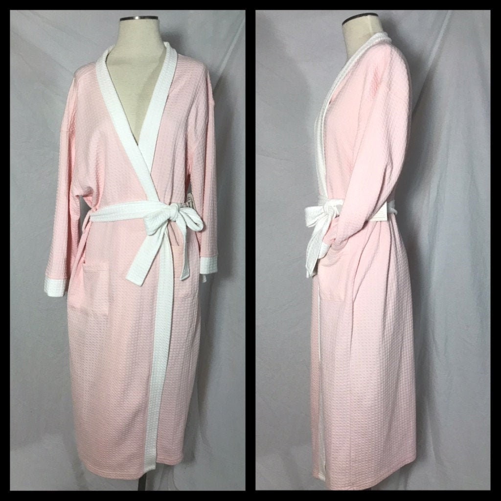 Aegean Apparel Nos Nwt Cotton Blend Pink & White Waffle Weave Robe With Patch Pockets Below Knee Length - Size Xl