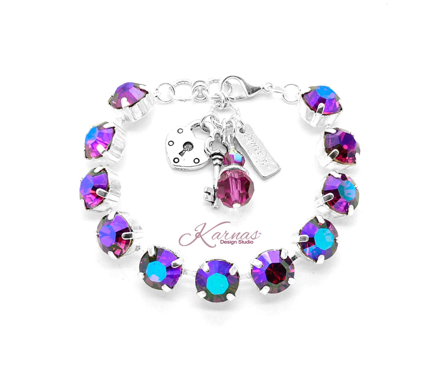 Fuchsia Glacier Blue 11mm Charm Bracelet Made With K.d.s. Premium Crystal Pick Your Metal Karnas Design Studio Free Shipping