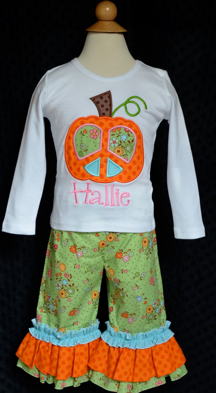 Personalized Peace Pumpkin Applique Shirt Or Bodysuit For Girl