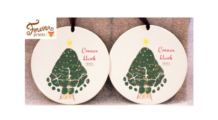 2 Christmas Tree Footprint Ornament 302A Orn Hand & Footprint Art, Baby Keepsake, Print Kit, First Christmas, Grandma, Grandpa