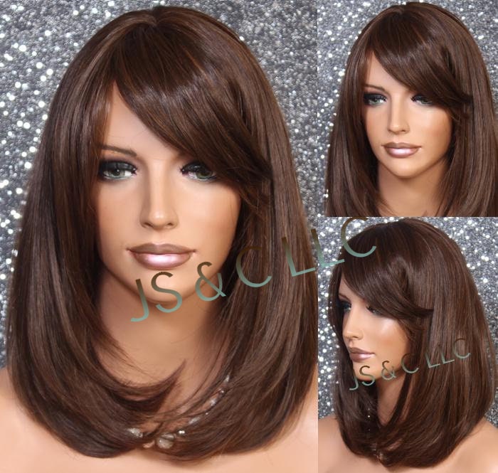 Human Hair Blend Full Bangs Heat Safe Brown Auburn Mix Below Showders Natural Everyday Wig Perfect For First Time Wig Wearer Cancer/Alopecia